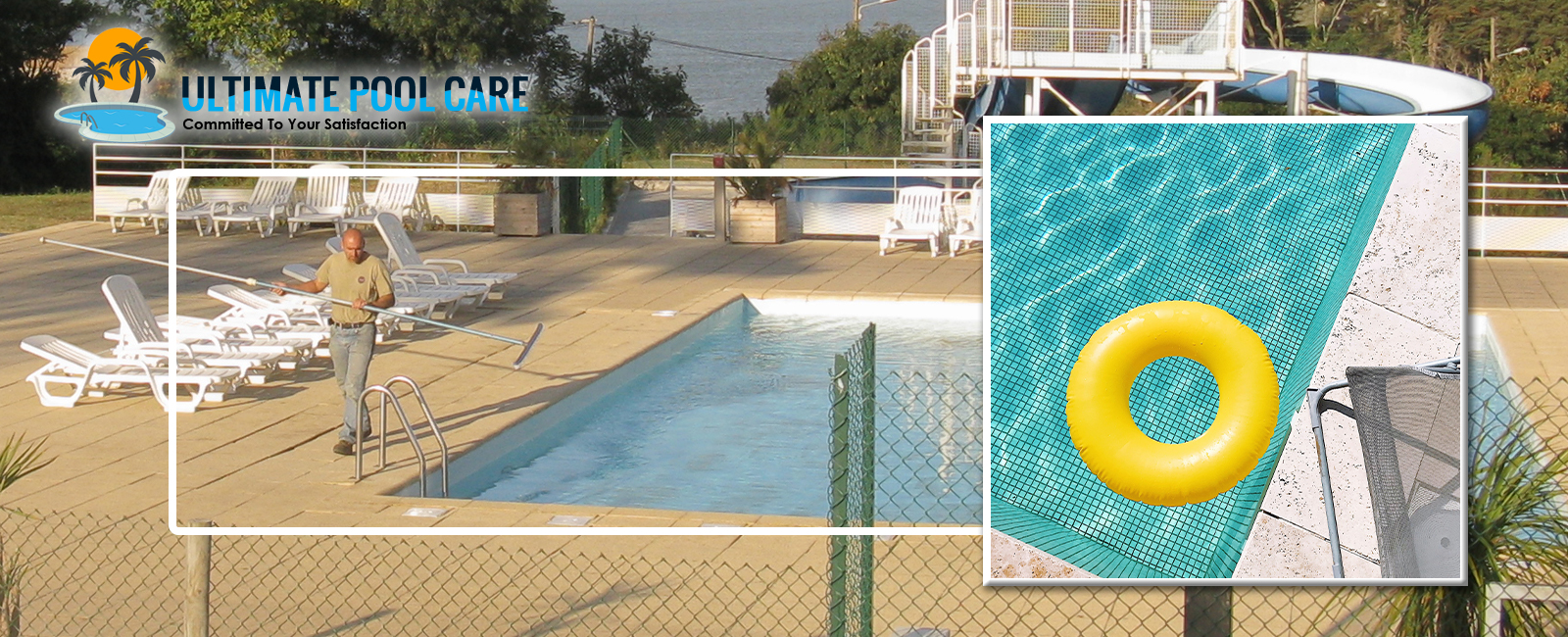 weekly-Pool-expert-cleaning-inground-pool-using-leaf-net-yellow-tube-on-top-of-pool-safety-net